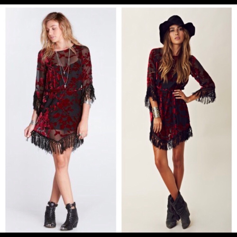For Love & Lemons Black and Burgundy Velvet Floral Fringe Mini Dress